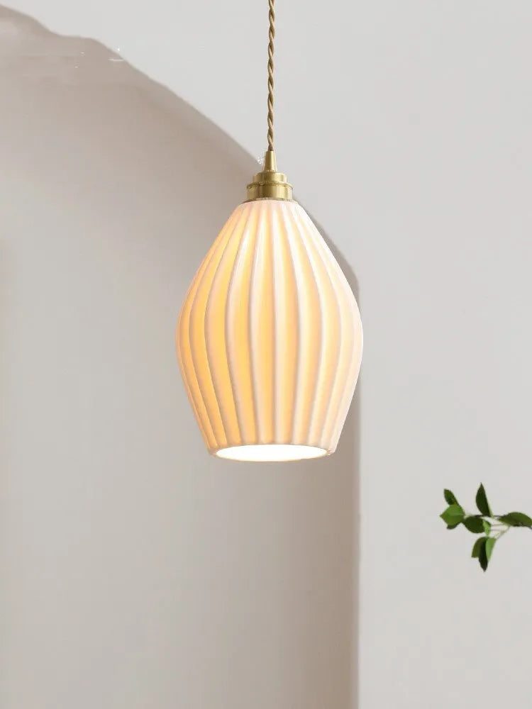 Copper chandelier with ceramic lampshade on ceiling, pure white small shade option