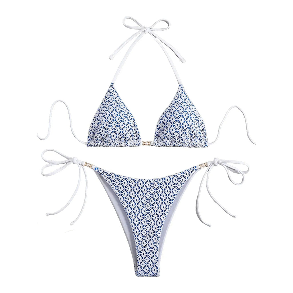Women's multicolor bikini with split open back, backless design, bra and matching shorts, available in pink