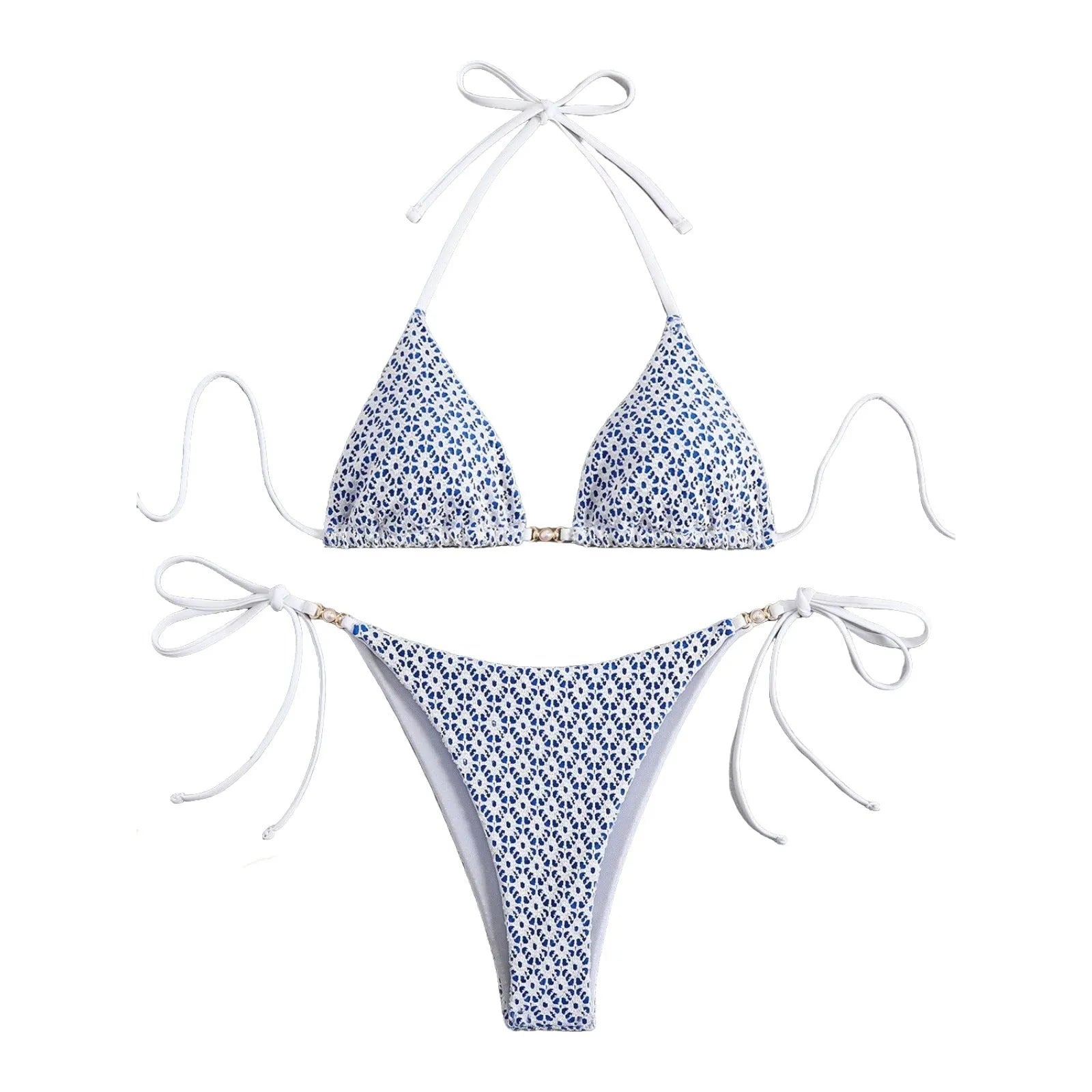 Women's multicolor bikini with split open back, backless design, bra and matching shorts, available in pink