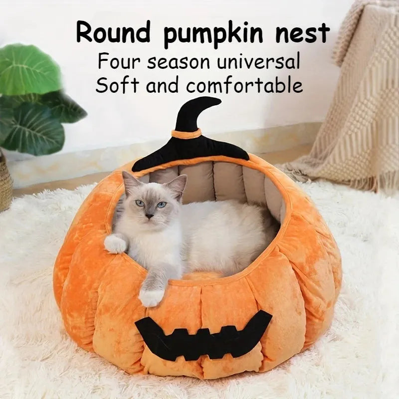 Halloween pumpkin-shaped cat bed with cartoon devil design in soft plush material