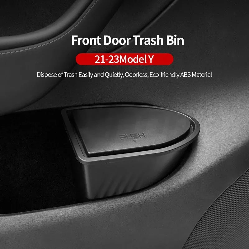 Two black ABS plastic car door storage bins designed for Tesla Model Y front door pockets.