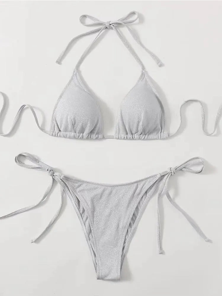 Women's split bandage bikini swimsuit in six colour options with detailed sizing measurements