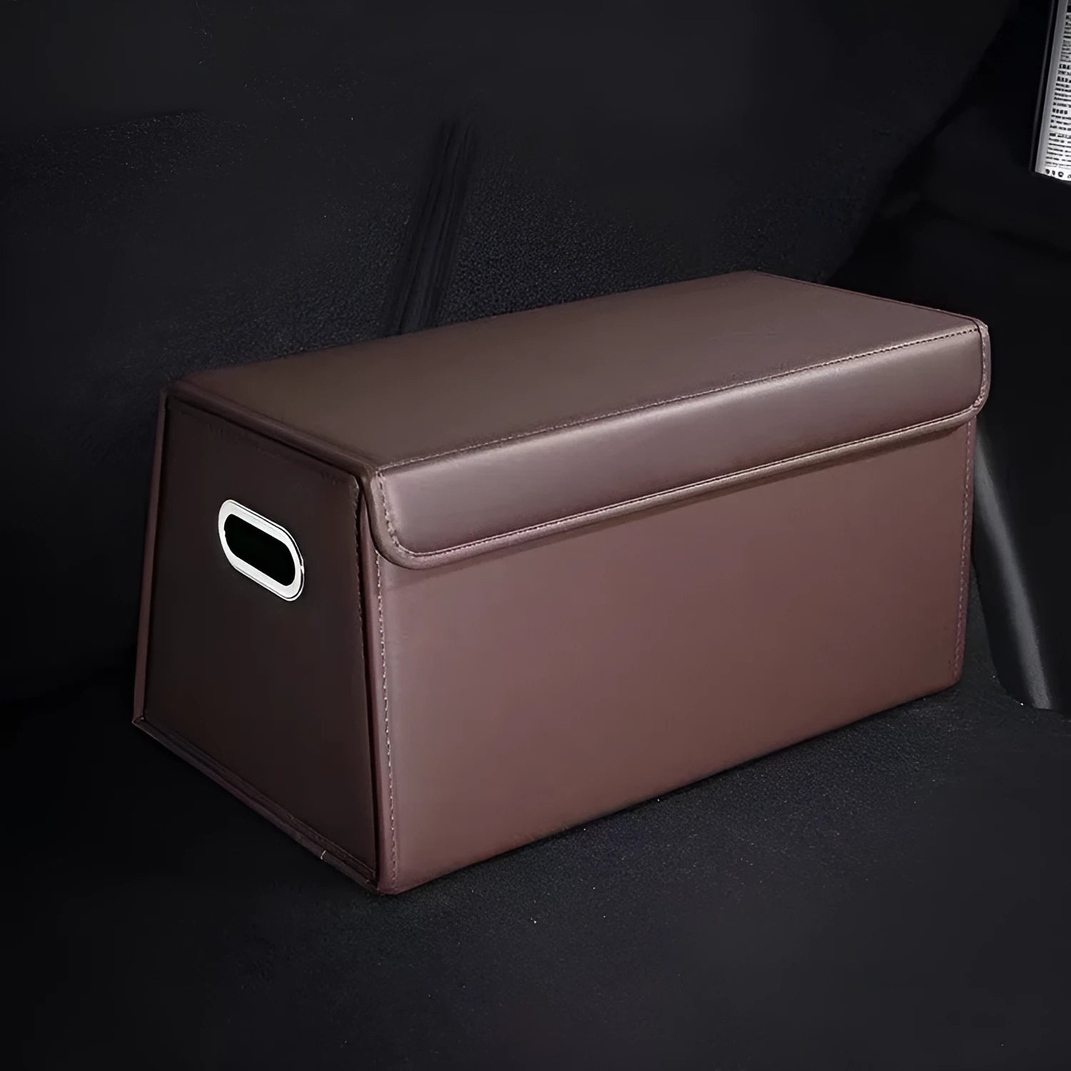 Folding waterproof leather car trunk storage organiser in black medium size on a boot floor