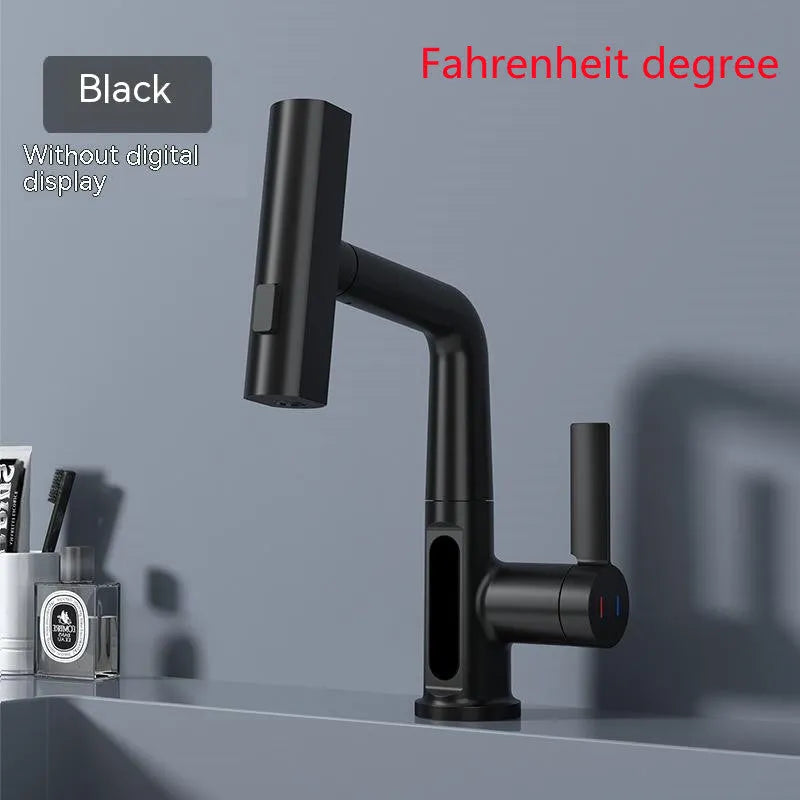 Modern pull-out kitchen faucet with digital temperature display on a black finish, showing extended hose.