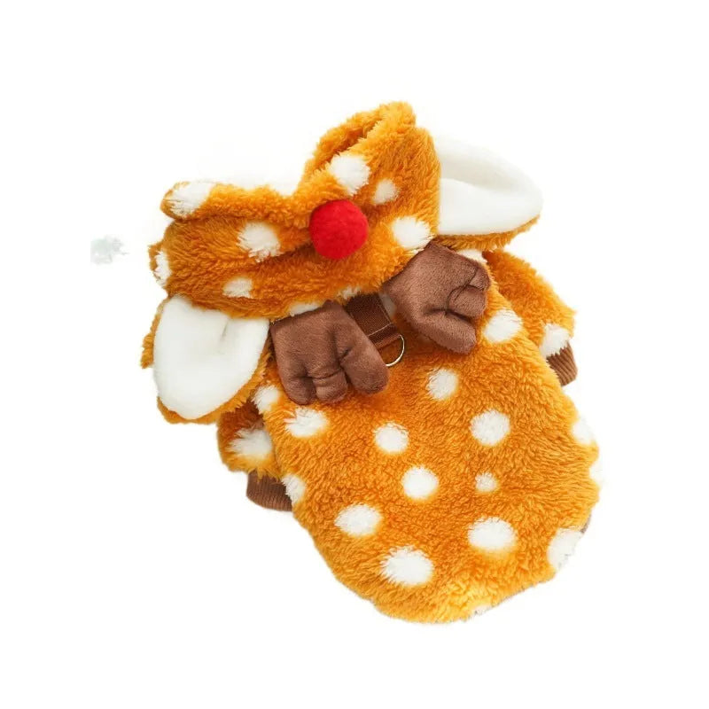 Elk Christmas dog costume with fleece lining on small white dog showing two-leg design and festive pattern