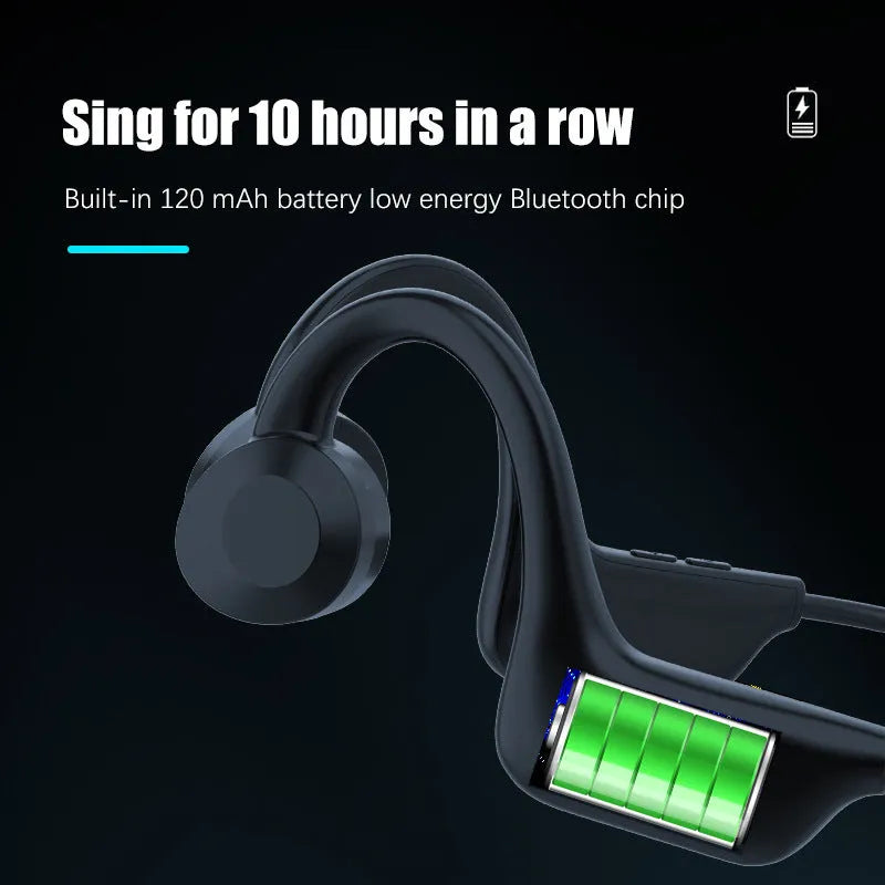 Black wireless Bluetooth earbuds with ear-hook design for sports and active use