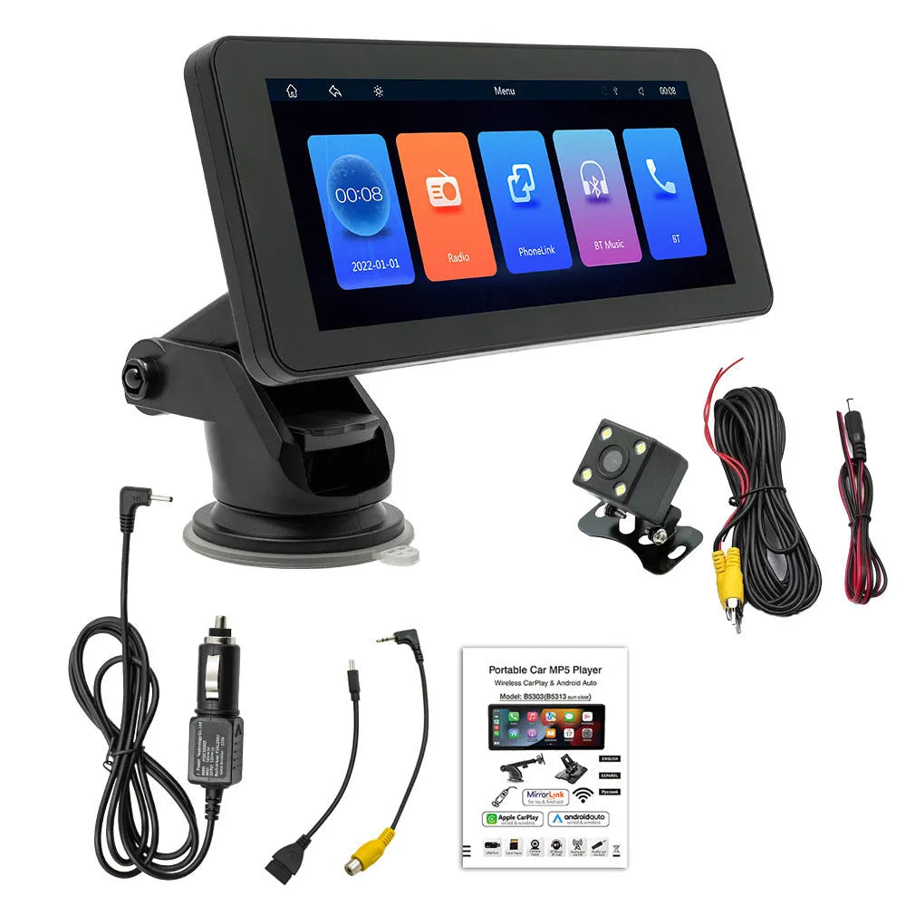 Portable wireless car video player with 6.86-inch screen on a plastic housing.