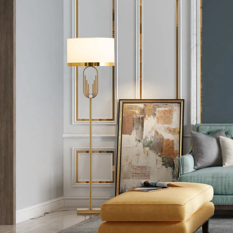 Modern vertical fabric floor lamp with adjustable height and remote control, 165cm tall, next to a desk