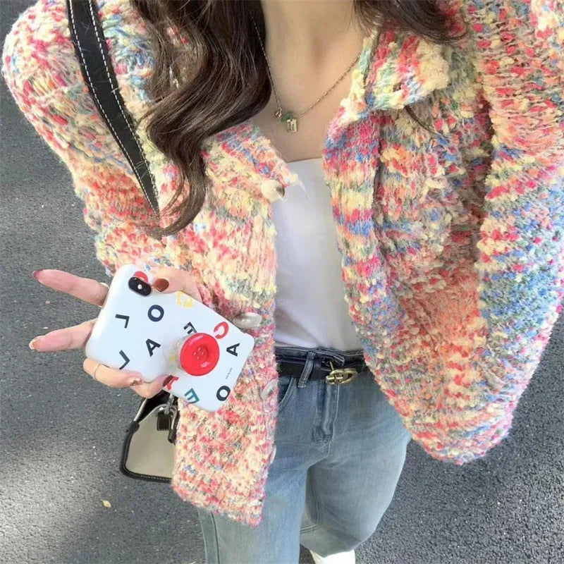Rainbow patterned knitted cardigan sweater in pink or green colours with slim fit