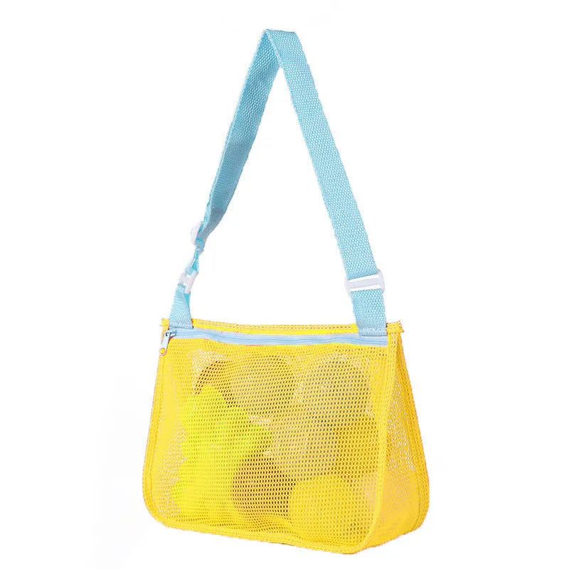 Blue nylon mesh travel storage organiser bag for children's toys and clothing, sealed, measuring 20x25x8cm.