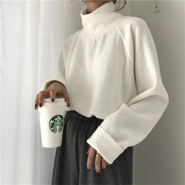 Women's solid colour long sleeve top with a half-high collar in a loose fit.
