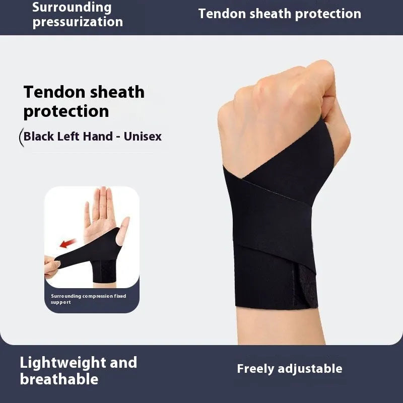 Adjustable black athletic wristguard for wrist support during sports like tennis and badminton.