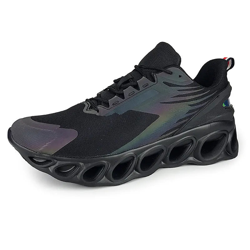 Men's breathable mesh sports shoes in black with white sole and lace-up front