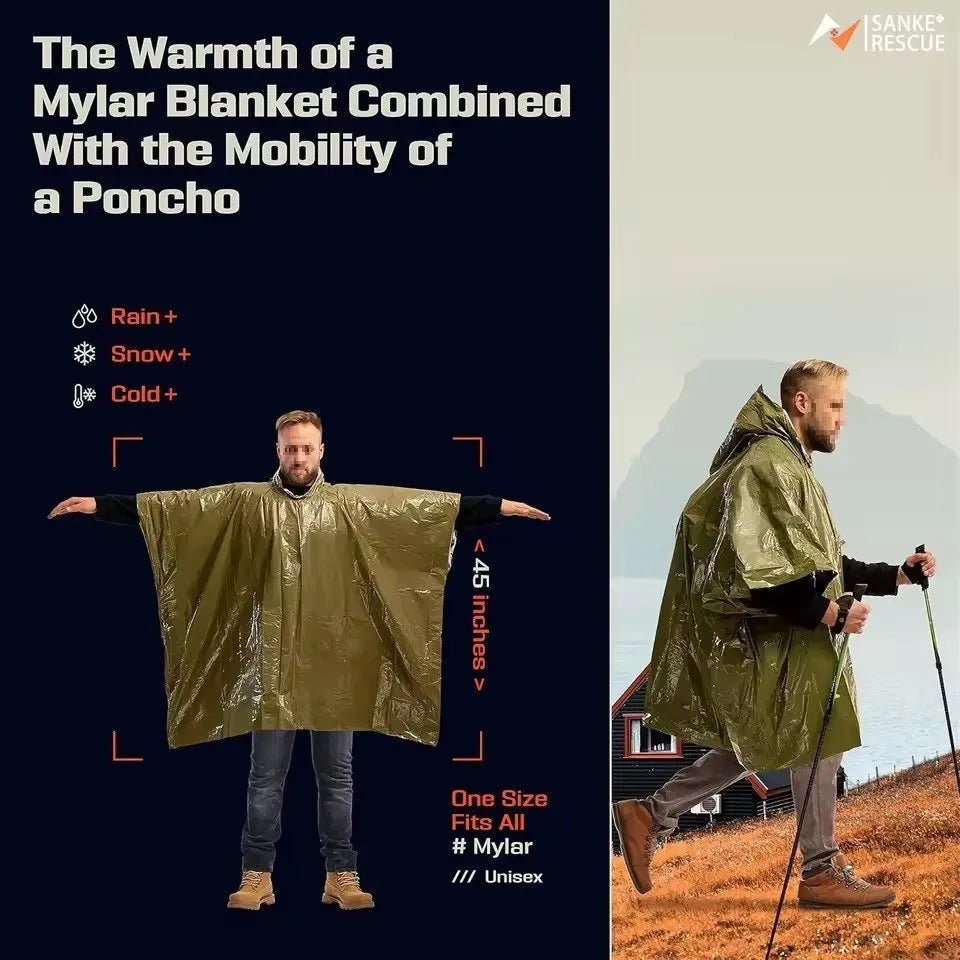 Waterproof military hooded raincoat in army green, measuring 100x120 cm, folded for display