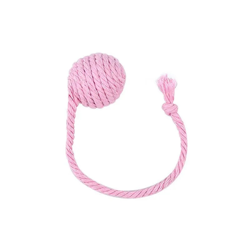 Cat toy ball with attached rope in green, pink, purple or yellow colours showing 3cm and 6cm size options