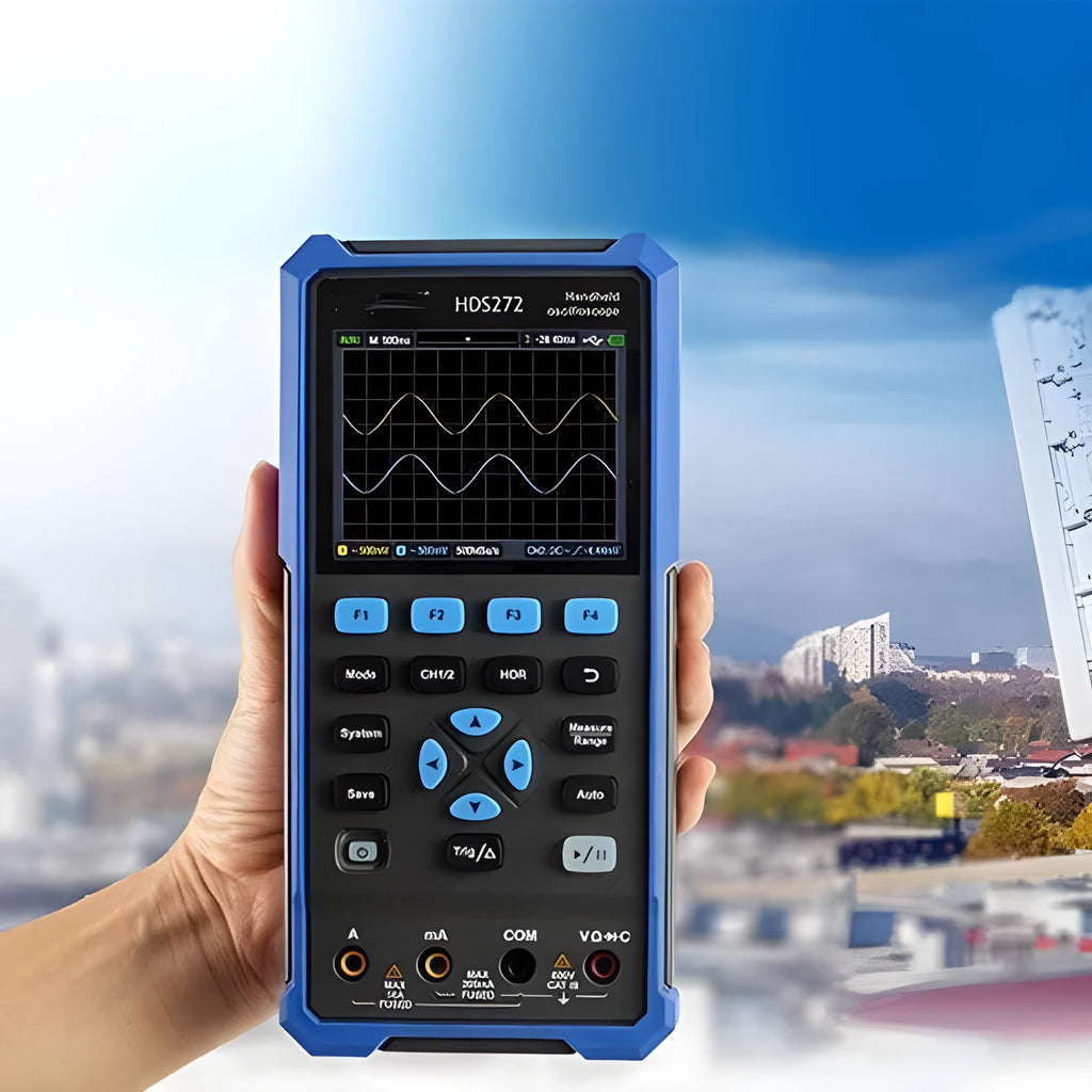 Owon HDS272 handheld digital oscilloscope with probes and accessories on workbench