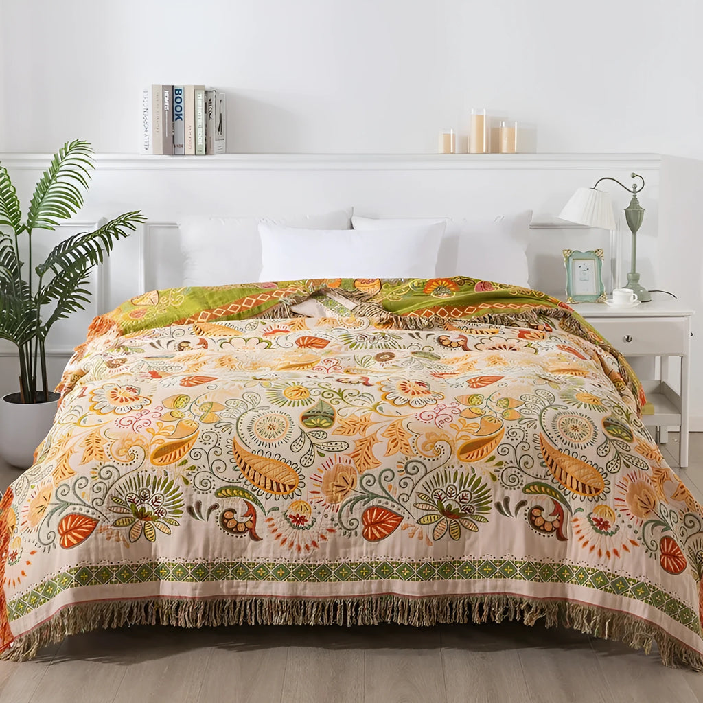 Pure cotton gauze towel quilt with tassels in dark green and red colour option, 150x200cm size