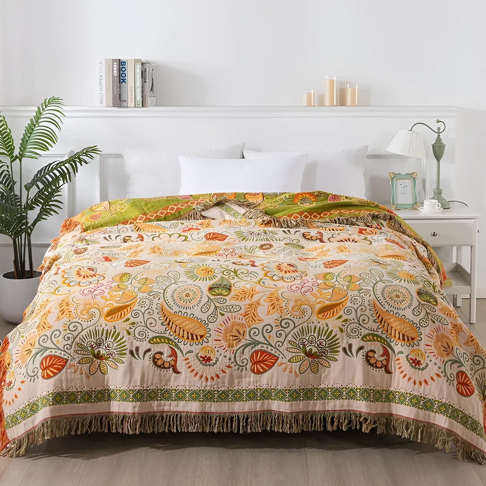 Pure cotton gauze towel quilt with tassels in dark green and red colour option, 150x200cm size