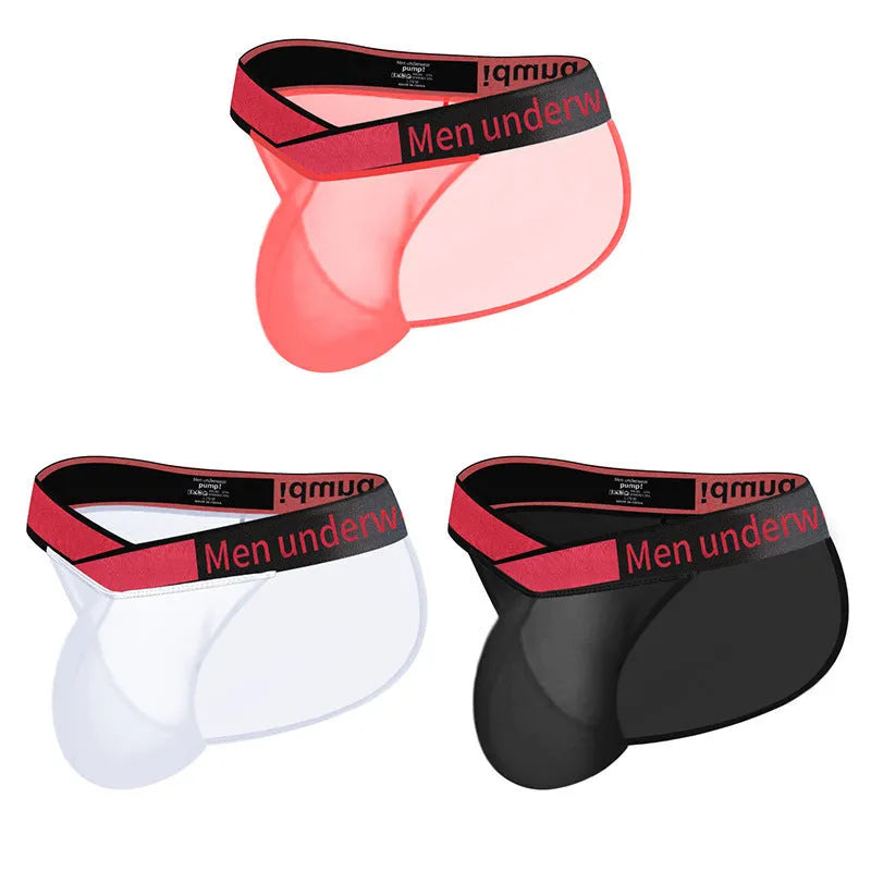 Men's black ice silk briefs with a low waist and large V gradient high fork design.