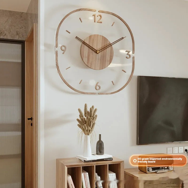 Modern transparent wooden wall clock showing both framed and frameless 35x35cm square designs