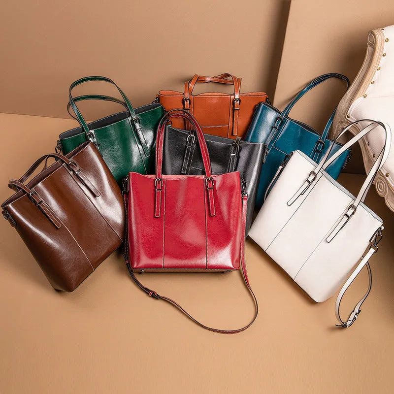 Genuine leather retro women's shoulder bag in horizontal square shape with three straps and sandwich pockets