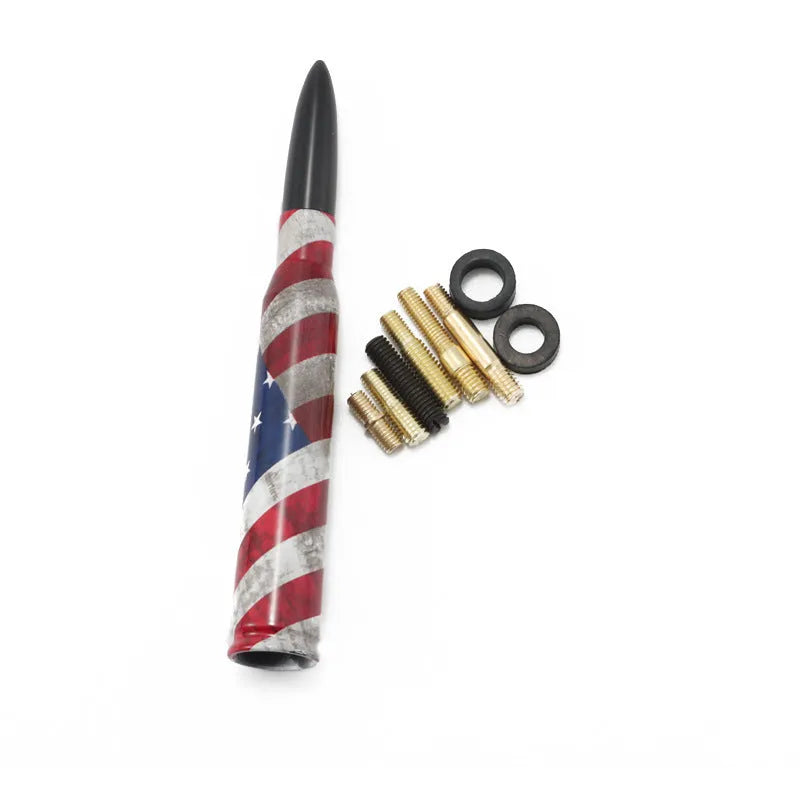 Bullet-style car antenna in black, camouflage green, and American flag designs, length 14cm.