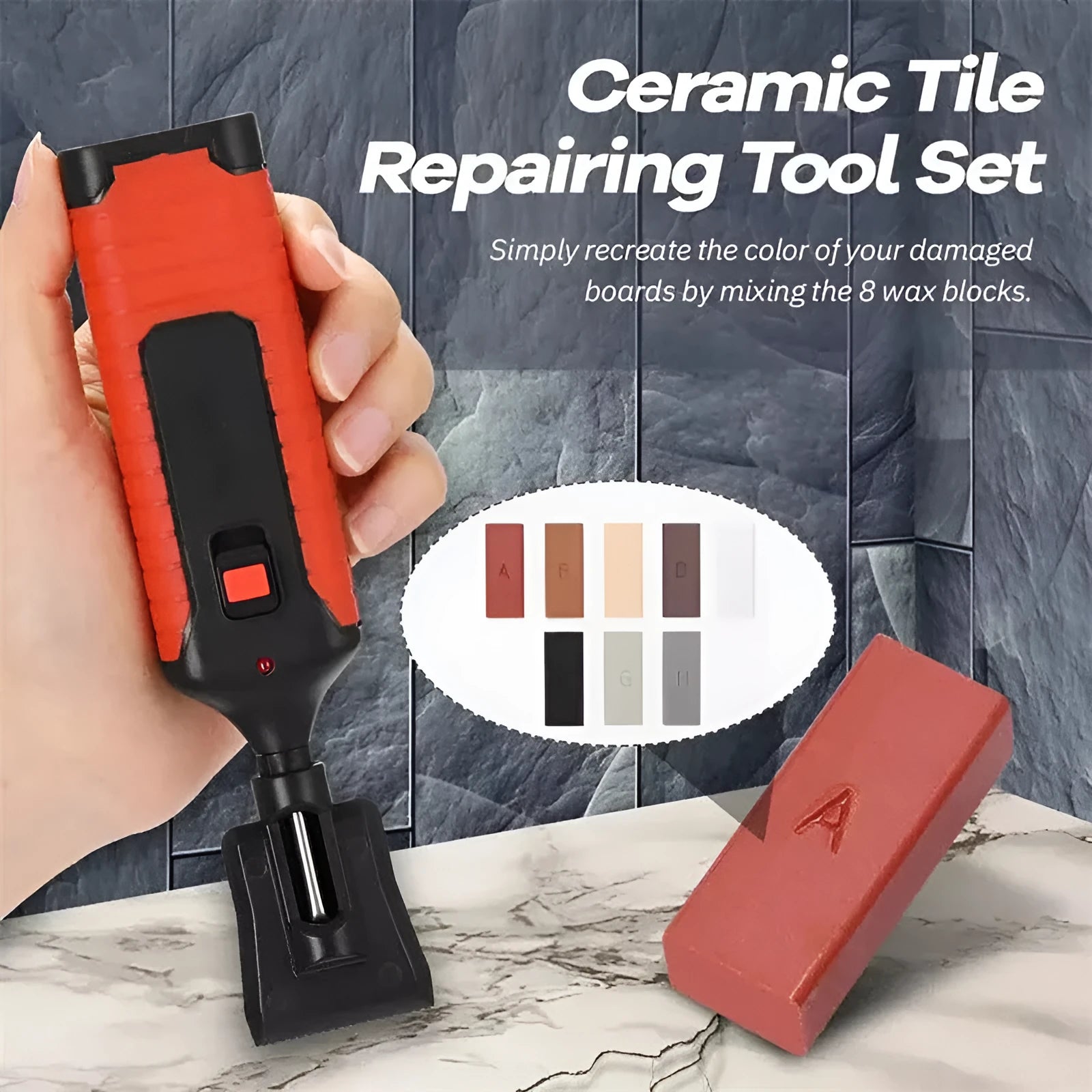 Floor tile repair tool set with red or yellow handle options and wax sticks for DIY furniture restoration