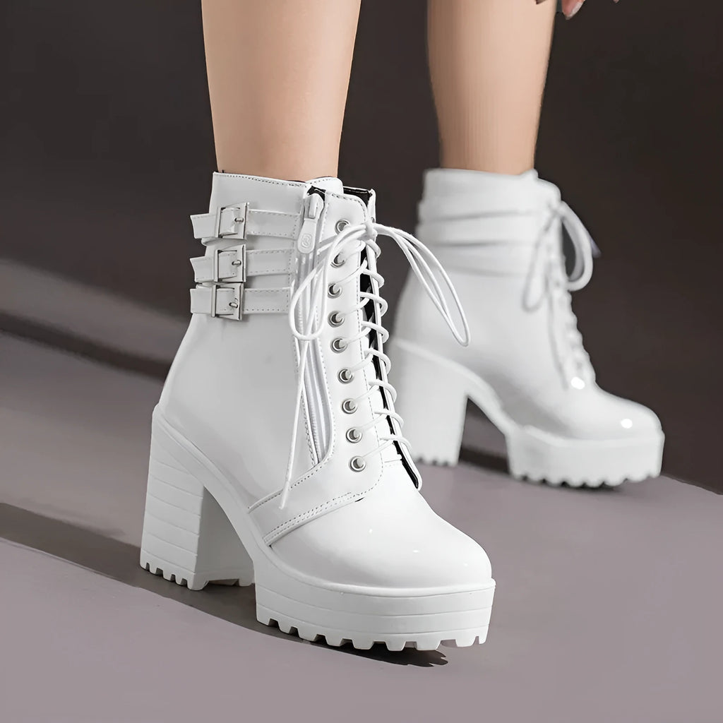 Women's black casual lace-up ankle boots with a chunky heel and thick rubber sole.