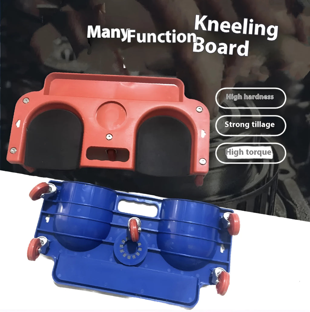 Blue car repair knee board with universal wheels and built-in knee pad on concrete garage floor
