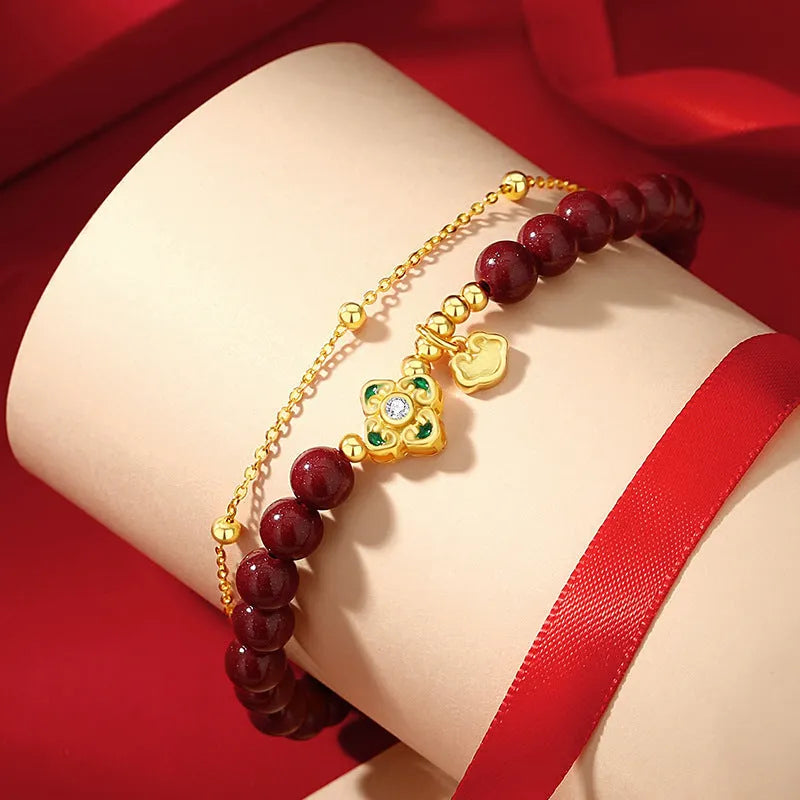Sterling silver bracelet with Ruyi Xiangyun cinnabar flower design for women