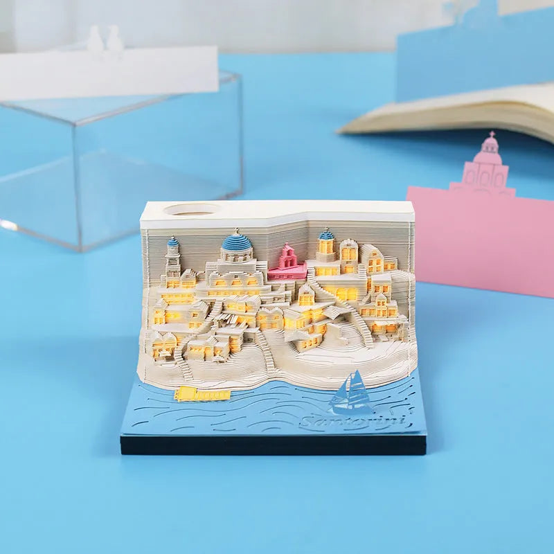 Santorini beach three-dimensional paper carving notepad and building model measuring 9x9x5 cm