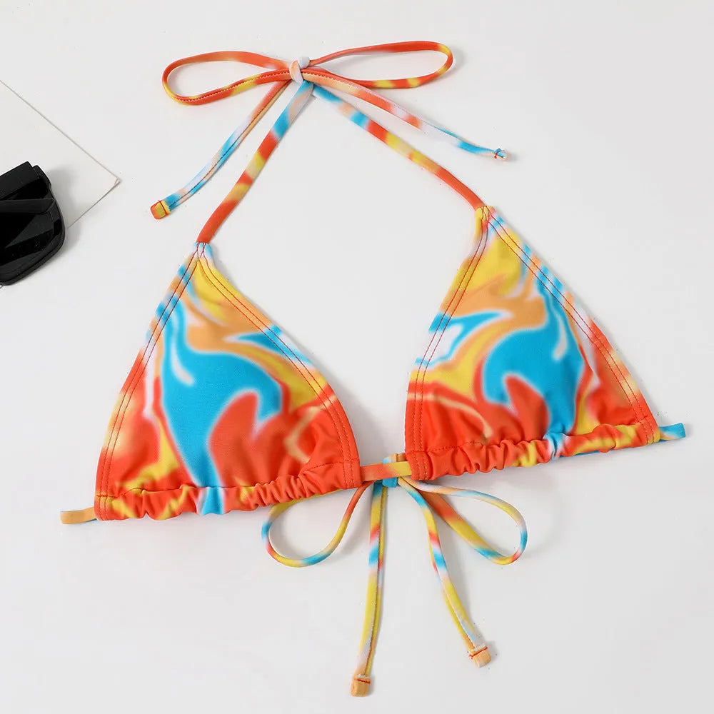 Tie-dyed four-piece bikini swimsuit set for women with flower pattern in orange white and green, sleeveless nylon fabric
