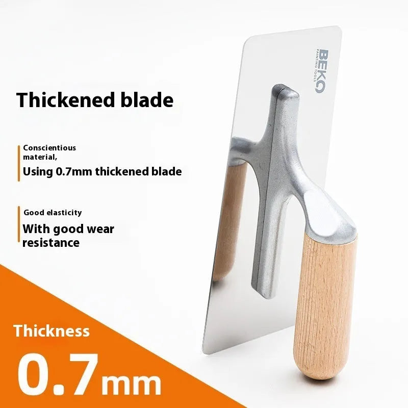 Stainless steel putty scraper with wooden handle for floor and wall surfaces