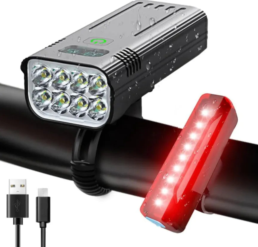 Black KX12DF digital display bicycle headlight with USB port and rotating mount.