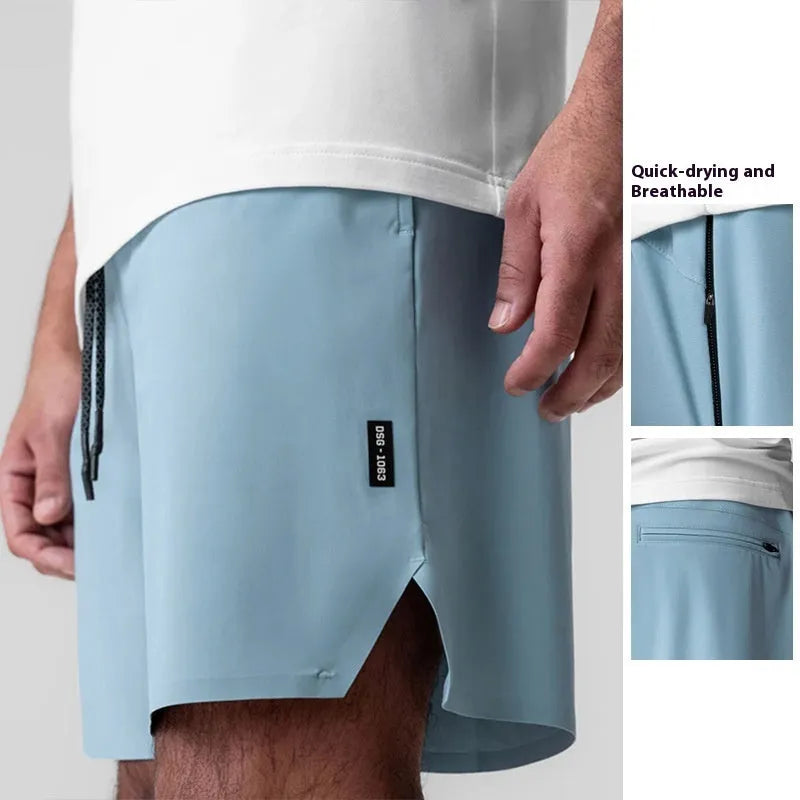 Men's seamless quick-drying polyester sports shorts in knee-length straight cut design