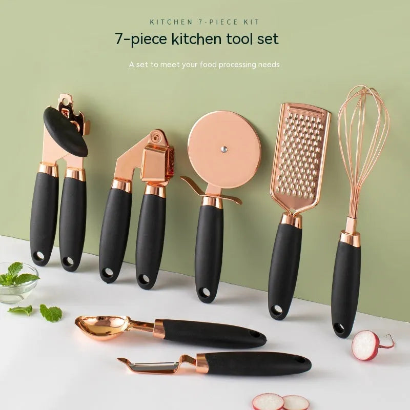 Seven-piece stainless steel kitchen utensil set with rose gold accents in six colour options on countertop