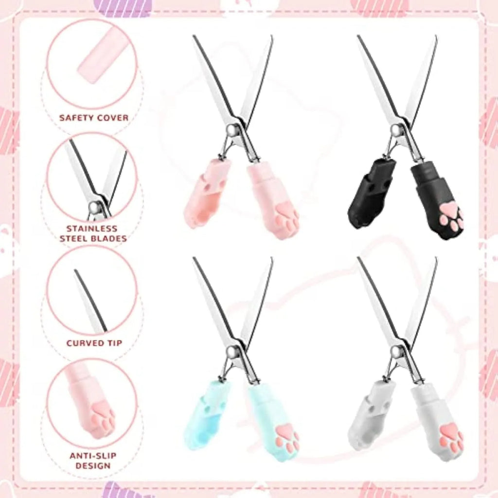 Cat paw mini folding scissors in four colours with stainless steel blades and decorative handles