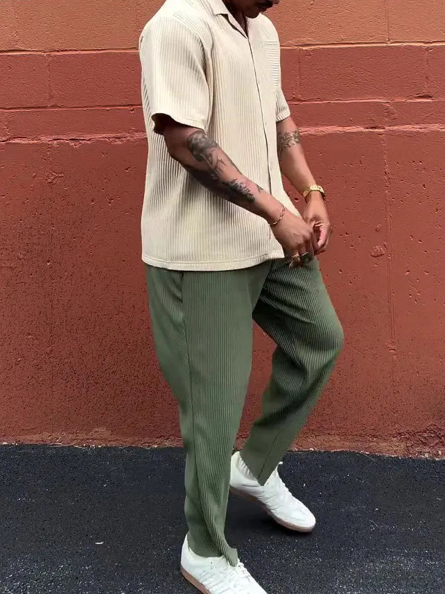 Men's green pleated casual trousers ankle-length regular fit