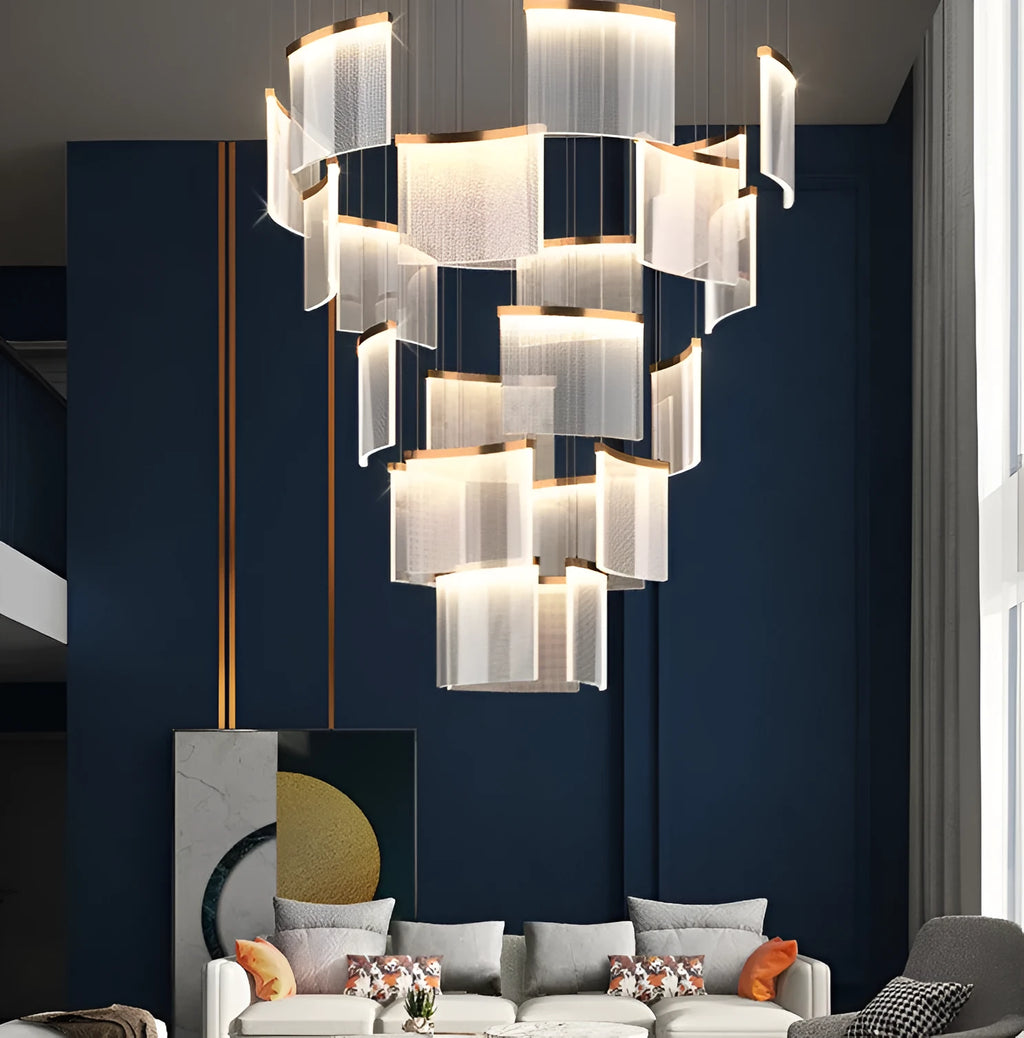 Large villa duplex chandelier with stainless steel body and gold mesh shade on a dark ceiling