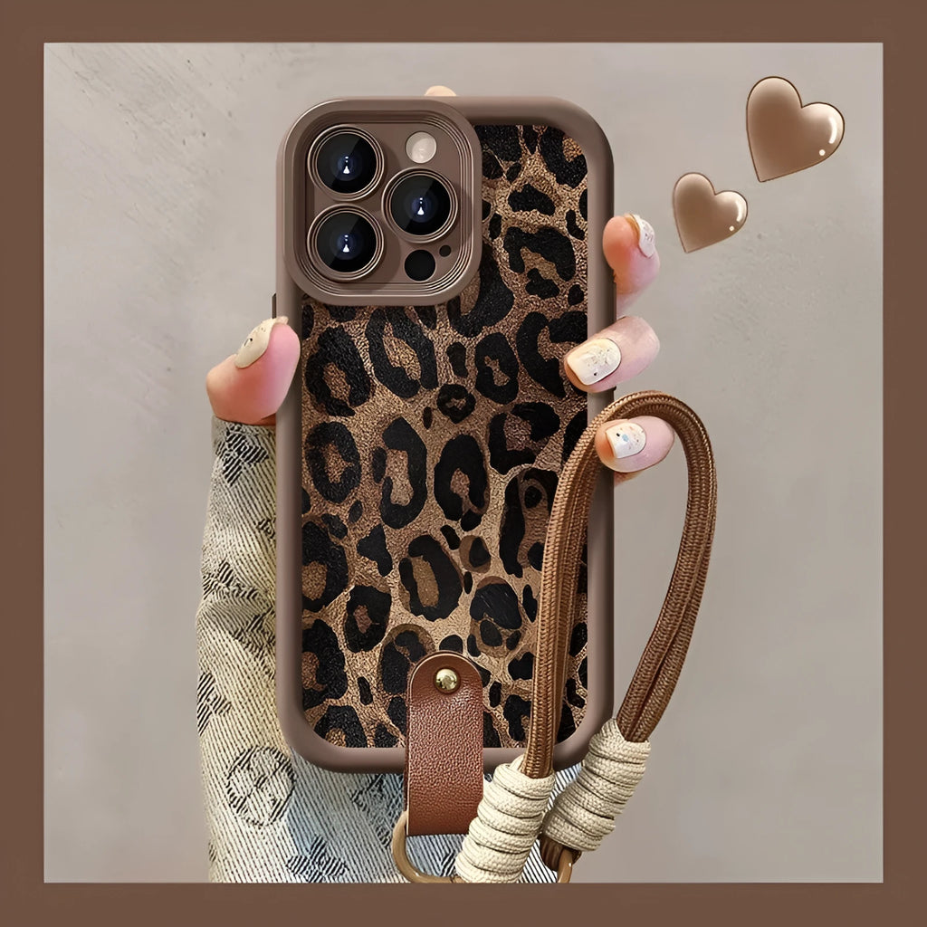 Brown leopard print silicone iPhone case with lanyard attachment point on side
