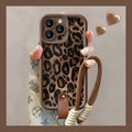 Brown leopard print silicone iPhone case with lanyard attachment point on side