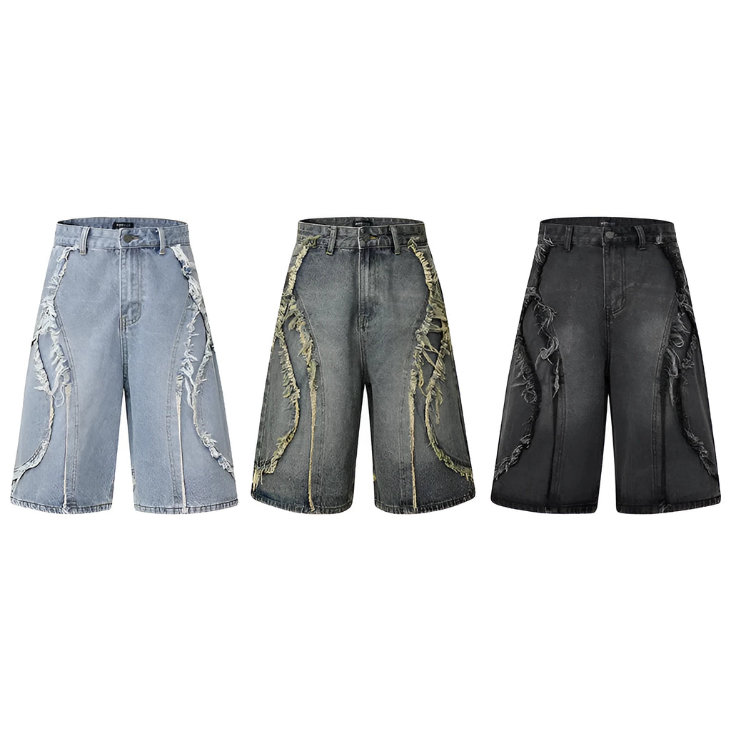 Distressed raw edge denim shorts in straight cut design with hip hop styling