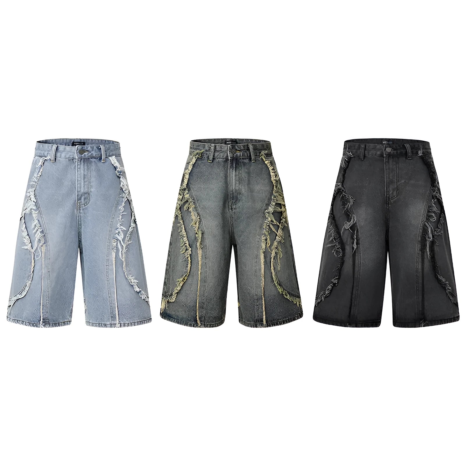 Distressed raw edge denim shorts in straight cut design with hip hop styling
