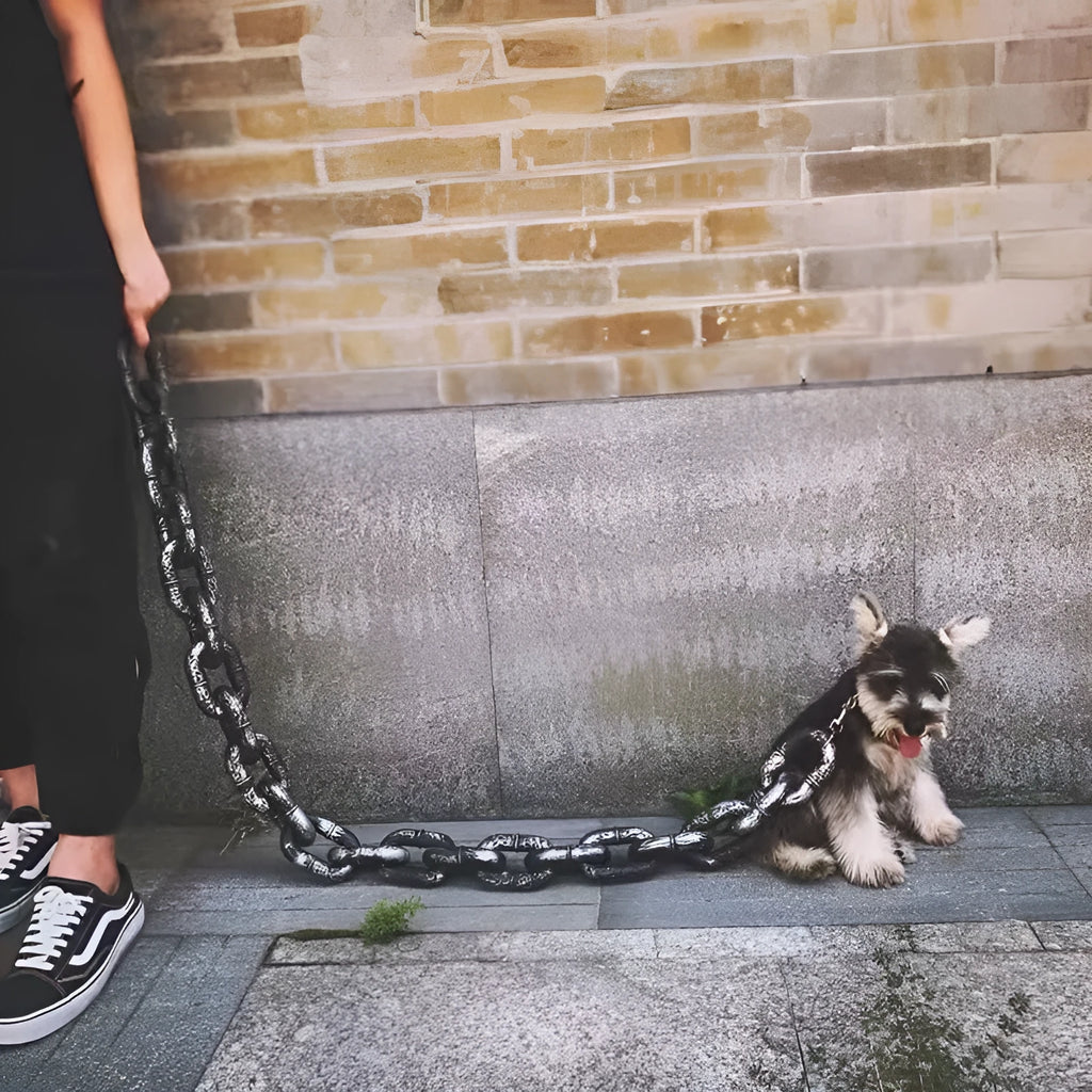 Simulation dog leash prop in bronze colour with rope-style design and chain detailing for video production