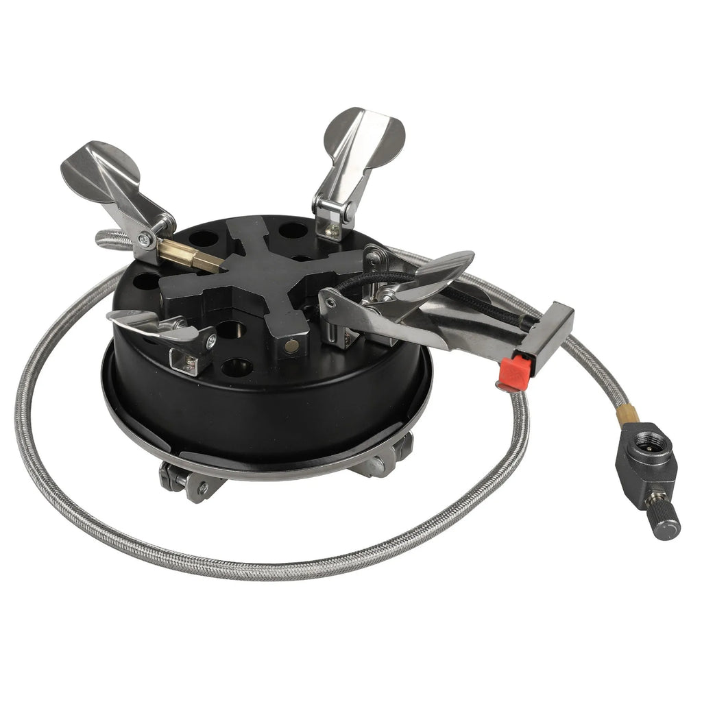 Silver portable split camping stove with stainless steel burner and long hose, shown folded.
