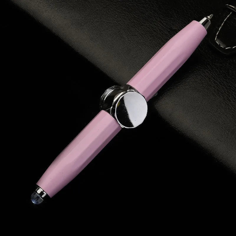 Metal gyro ballpoint pen with LED lights shown spinning, 10.5 cm long.