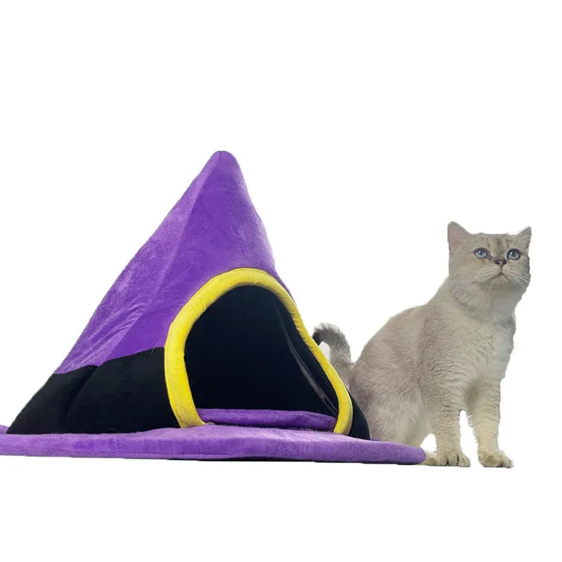 Purple witch hat shaped cloth cat nest bed for feline pets.