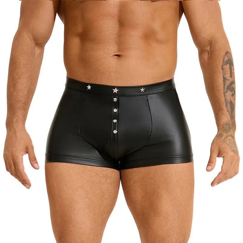 Black men's PU leather boxer shorts with U-pouch front design showing smooth texture