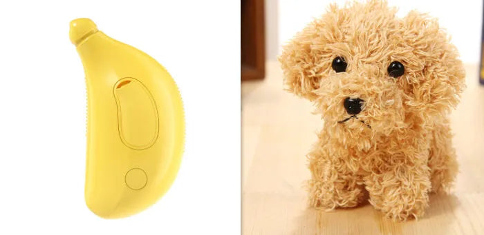 3-in-1 rechargeable pet steam brush for cats and dogs, green and yellow, with steamy spray and massage comb