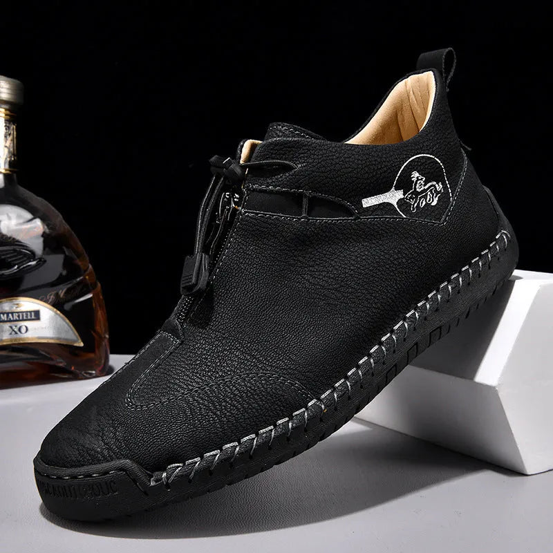 Men's casual leather shoes with mid-heel, round pointed toe, and reinforced leather upper
